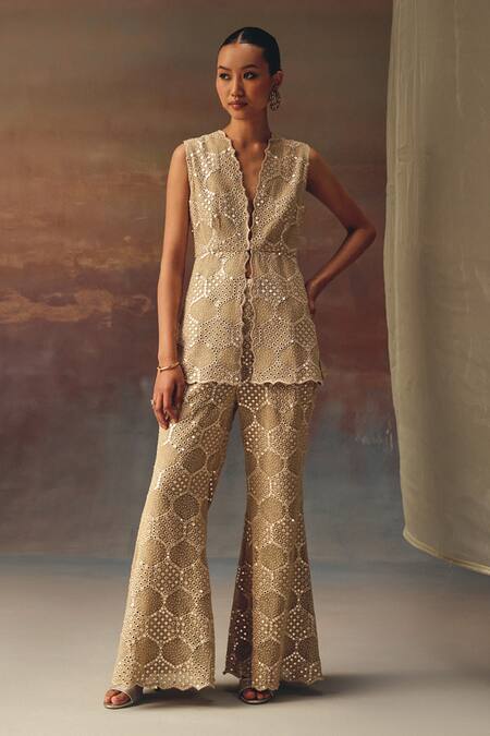 Twenty Nine_Gold Georgette Embroidery Bell Bottom Pant _Online_at_Aza_Fashions