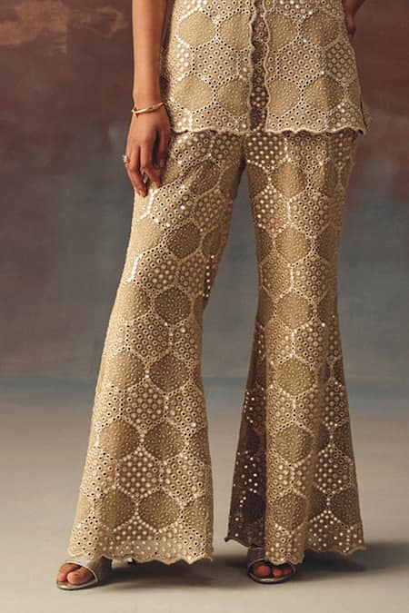 Buy_Twenty Nine_Gold Georgette Embroidery Bell Bottom Pant _Online_at_Aza_Fashions