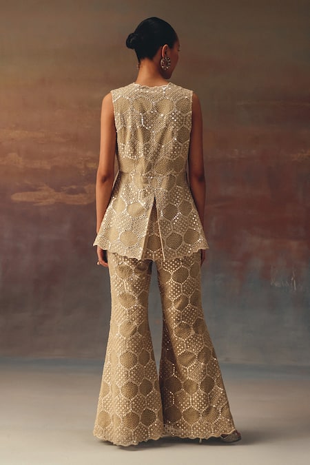 Shop_Twenty Nine_Gold Georgette Embroidery Bell Bottom Pant _at_Aza_Fashions