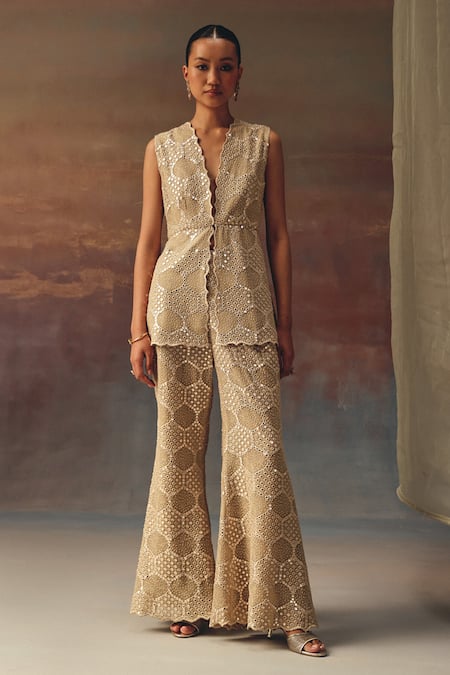 Twenty Nine Gold Georgette Embroidery Bell Bottom Pant 