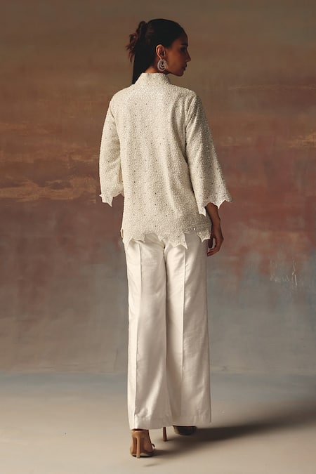 Shop_Twenty Nine_White Georgette Beads High Neck Scallop Jacket _at_Aza_Fashions