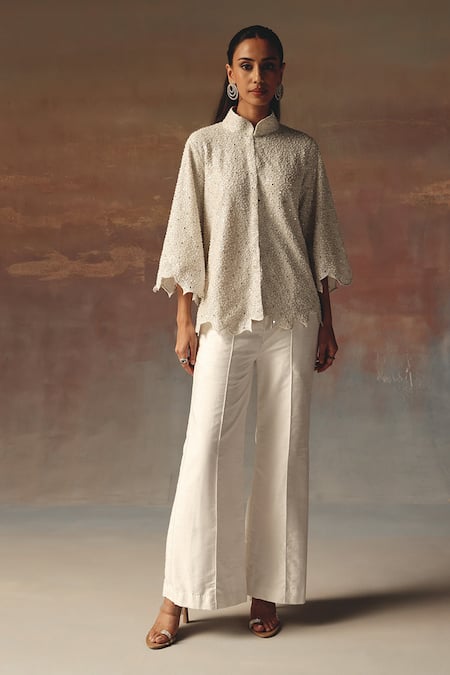 Buy_Twenty Nine_White Georgette Beads High Neck Scallop Jacket _Online_at_Aza_Fashions