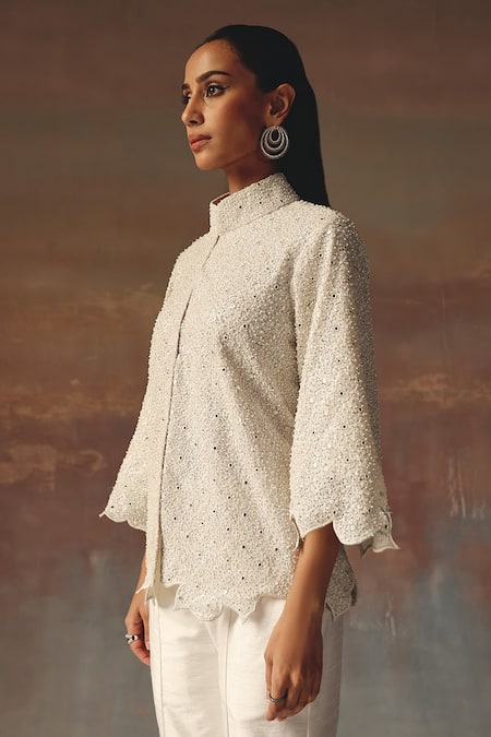 Shop_Twenty Nine_White Georgette Beads High Neck Scallop Jacket _Online_at_Aza_Fashions
