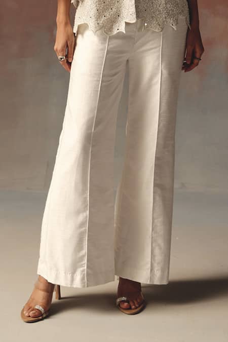 Twenty Nine_White Dupion Designer Bell Bottom Pant _Online_at_Aza_Fashions