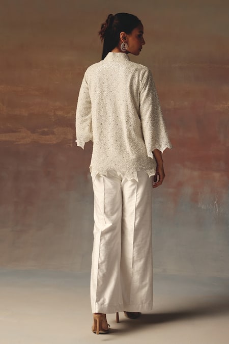 Shop_Twenty Nine_White Dupion Designer Bell Bottom Pant _at_Aza_Fashions