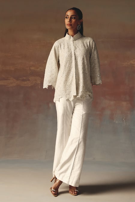 Buy_Twenty Nine_White Dupion Designer Bell Bottom Pant _Online_at_Aza_Fashions