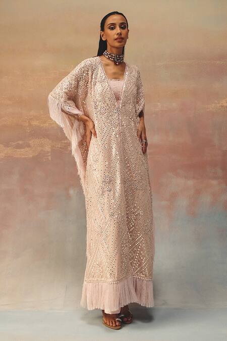 Twenty Nine_Blush Georgette Sequins Open Neck Pink Tassle Kaftan Jacket _Online_at_Aza_Fashions