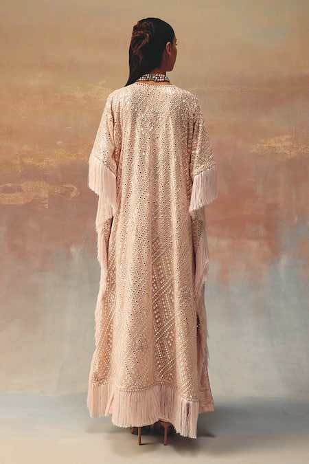 Shop_Twenty Nine_Blush Georgette Sequins Open Neck Pink Tassle Kaftan Jacket _at_Aza_Fashions