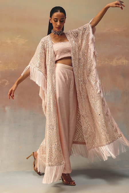 Buy_Twenty Nine_Blush Georgette Sequins Open Neck Pink Tassle Kaftan Jacket _Online_at_Aza_Fashions