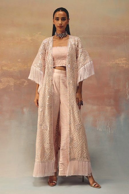 Shop_Twenty Nine_Blush Georgette Sequins Open Neck Pink Tassle Kaftan Jacket _Online_at_Aza_Fashions