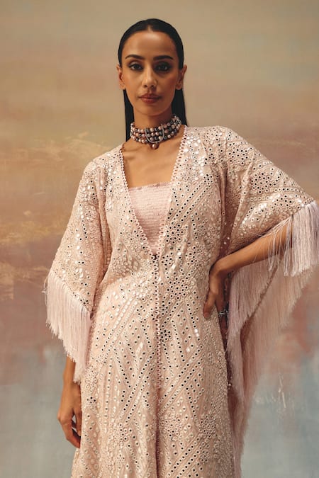 Twenty Nine_Blush Georgette Sequins Open Neck Pink Tassle Kaftan Jacket _at_Aza_Fashions