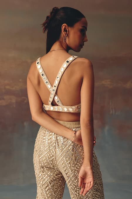 Shop Twenty Nine Gold Georgette Sequins, Mirrors Open Neck Designer Bralette at Aza Fashions Shop_Twenty Nine_Gold Georgette Sequins, Mirrors Open Neck Designer Bralette _at_Aza_Fashions