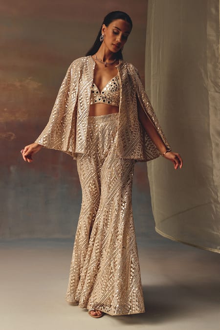 Twenty Nine Gold Georgette Sequins, Mirrors Open Neck Designer Bralette Online at Aza Fashions Twenty Nine_Gold Georgette Sequins, Mirrors Open Neck Designer Bralette _Online_at_Aza_Fashions