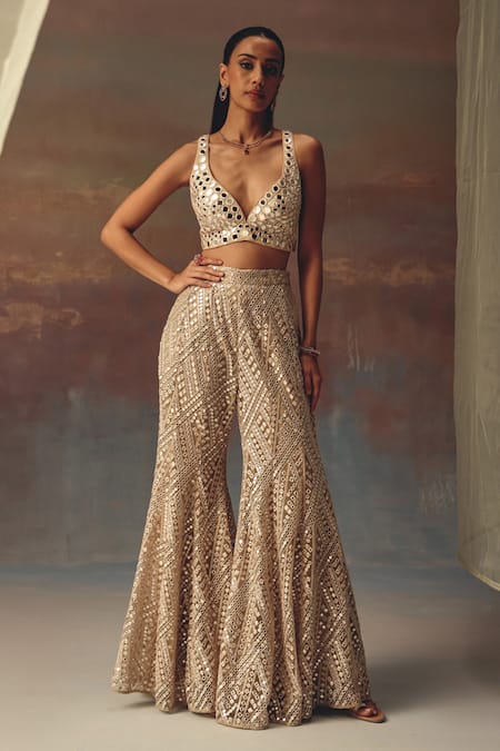 Buy Twenty Nine Gold Georgette Sequins, Mirrors Open Neck Designer Bralette Online at Aza Fashions Buy_Twenty Nine_Gold Georgette Sequins, Mirrors Open Neck Designer Bralette _Online_at_Aza_Fashions
