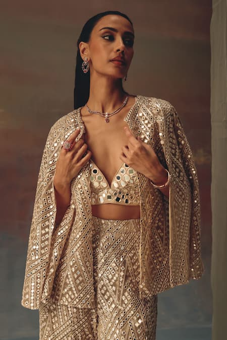 Shop Twenty Nine Gold Georgette Sequins, Mirrors Open Neck Designer Bralette Online at Aza Fashions Shop_Twenty Nine_Gold Georgette Sequins, Mirrors Open Neck Designer Bralette _Online_at_Aza_Fashions