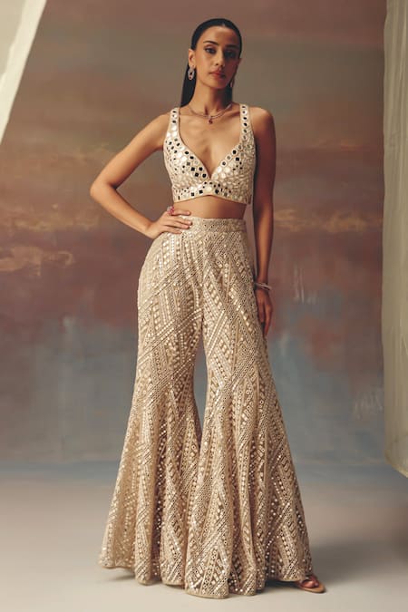 Shop_Twenty Nine_Gold Net Sequins Designer Bootcut Pant _at_Aza_Fashions