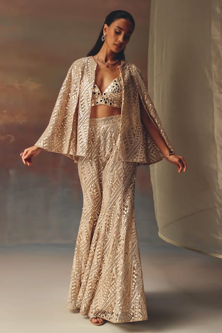 Twenty Nine_Gold Net Sequins Designer Bootcut Pant _Online_at_Aza_Fashions