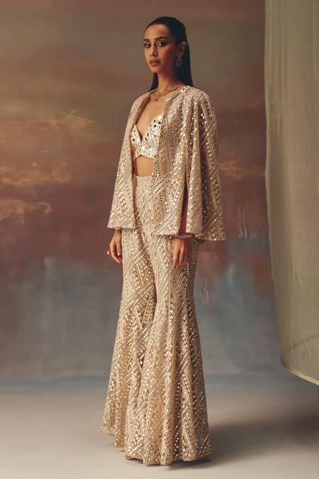 Buy_Twenty Nine_Gold Net Sequins Designer Bootcut Pant _Online_at_Aza_Fashions