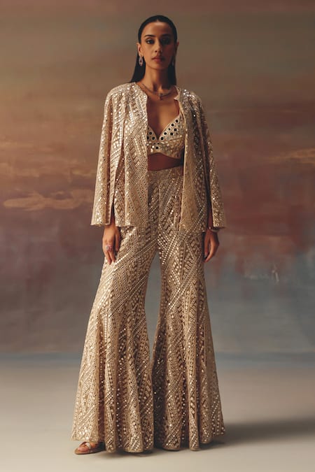 Twenty Nine Gold Net Sequins Designer Bootcut Pant 