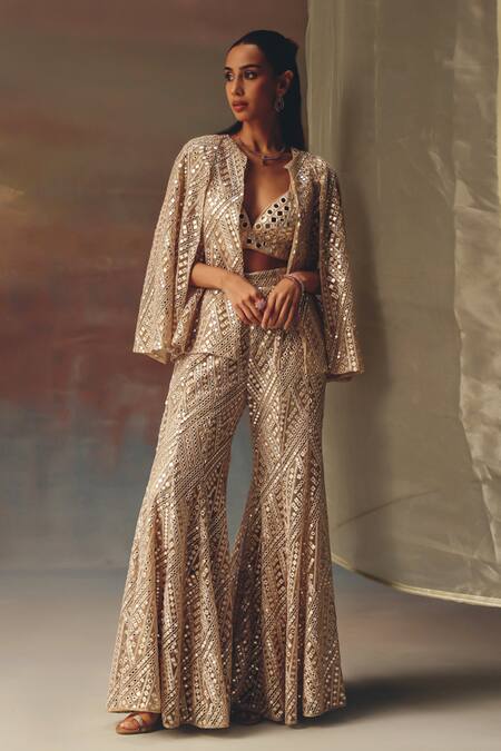 Shop_Twenty Nine_Gold Net Sequins Designer Bootcut Pant _Online_at_Aza_Fashions