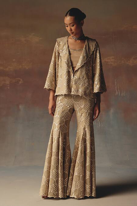 Buy Twenty Nine Gold Georgette Embroidery Scallop Blazer Online at Aza Fashions Buy_Twenty Nine_Gold Georgette Embroidery Scallop Blazer _Online_at_Aza_Fashions