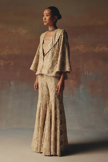 Twenty Nine_Gold Georgette Embroidery Bootcut Pant _Online_at_Aza_Fashions