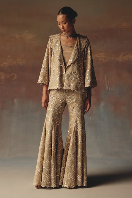 Twenty Nine Gold Georgette Embroidery Bootcut Pant 