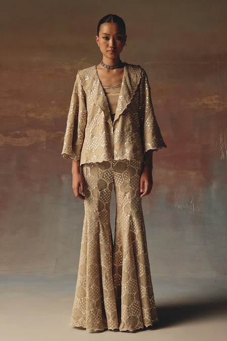 Buy_Twenty Nine_Gold Georgette Embroidery Bootcut Pant _Online_at_Aza_Fashions