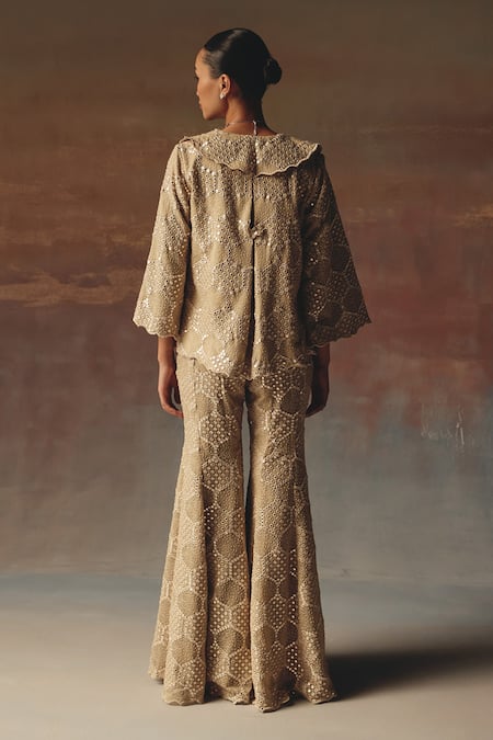 Shop_Twenty Nine_Gold Georgette Embroidery Bootcut Pant _at_Aza_Fashions