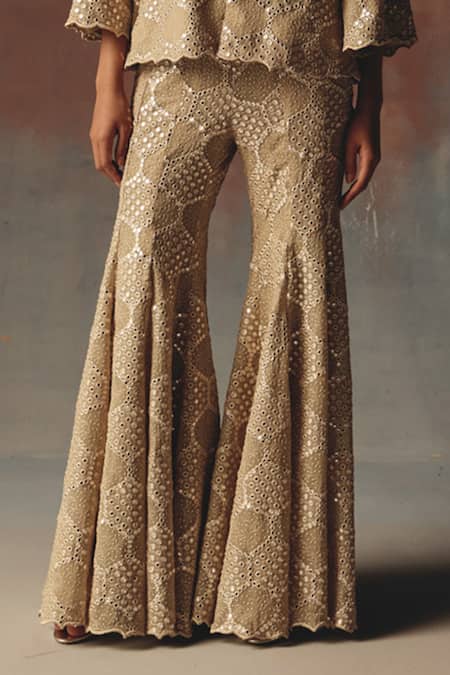Shop_Twenty Nine_Gold Georgette Embroidery Bootcut Pant _Online_at_Aza_Fashions