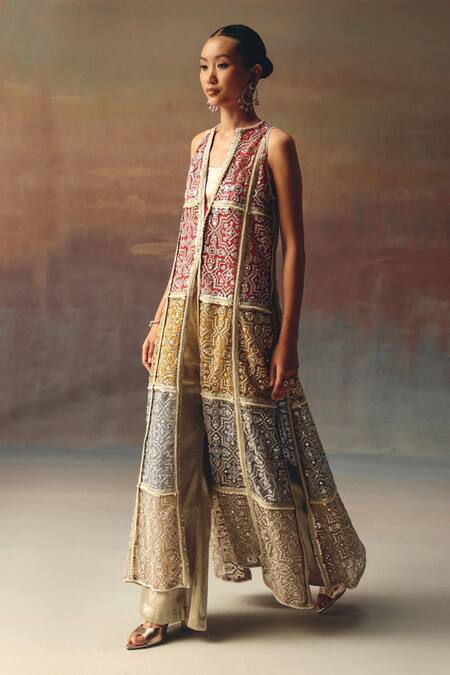 Twenty Nine_Multi Color Net Embroidery V-neck Long Multicolor Designer Jacket _Online_at_Aza_Fashions