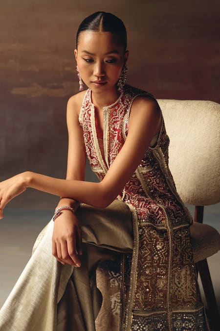 Shop_Twenty Nine_Multi Color Net Embroidery V-neck Long Multicolor Designer Jacket _Online_at_Aza_Fashions