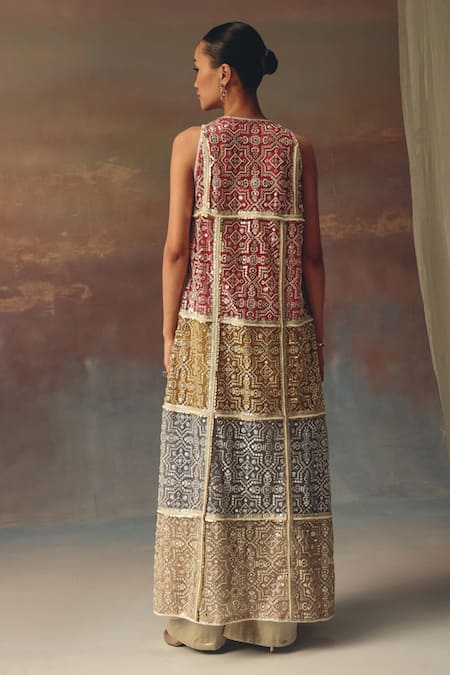 Shop_Twenty Nine_Multi Color Net Embroidery V-neck Long Multicolor Designer Jacket _at_Aza_Fashions