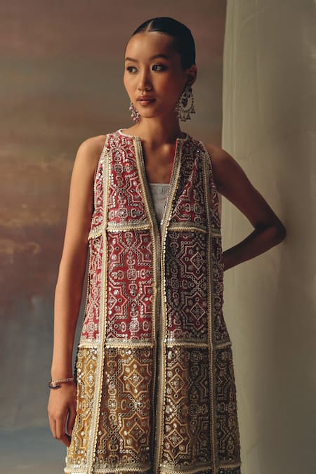 Twenty Nine_Multi Color Net Embroidery V-neck Long Multicolor Designer Jacket _at_Aza_Fashions