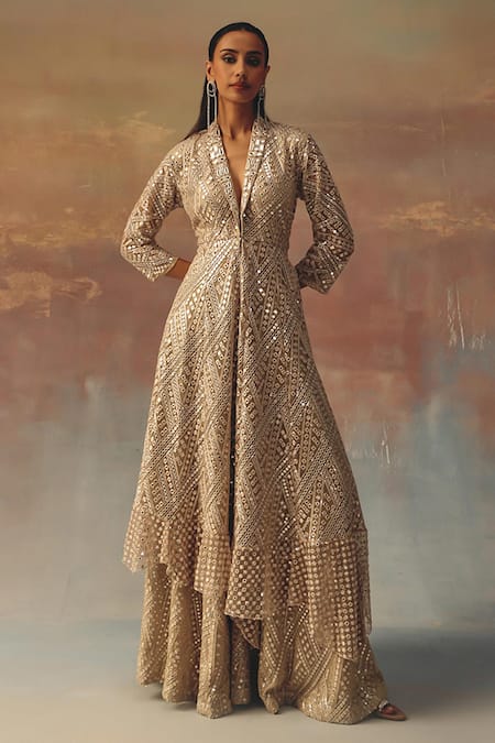 Twenty Nine Gold Georgette Sequins V-neck Light Asymmetric Peplum Jacket 