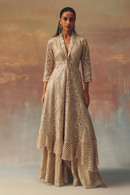 Buy_Twenty Nine_Gold Georgette Sequins V-neck Light Asymmetric Peplum Jacket _Online_at_Aza_Fashions