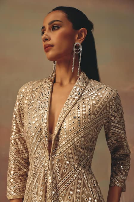 Shop_Twenty Nine_Gold Georgette Sequins V-neck Light Asymmetric Peplum Jacket _Online_at_Aza_Fashions