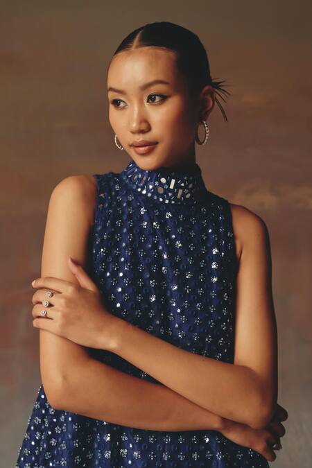 Twenty Nine_Blue Net Sequins High Neck Designer Short Tunic _Online_at_Aza_Fashions