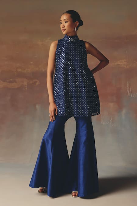Buy_Twenty Nine_Blue Net Sequins High Neck Designer Short Tunic _Online_at_Aza_Fashions