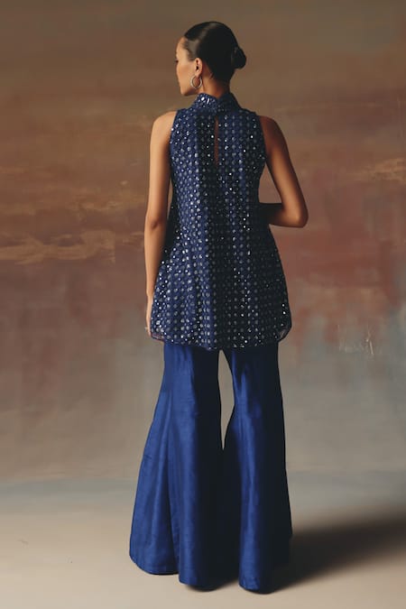 Shop_Twenty Nine_Blue Net Sequins High Neck Designer Short Tunic _at_Aza_Fashions