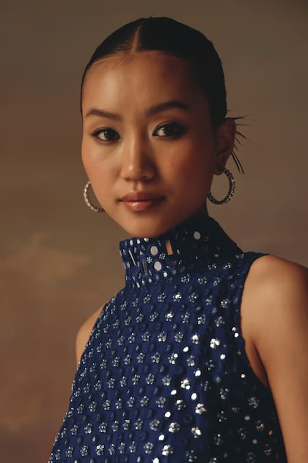 Shop_Twenty Nine_Blue Net Sequins High Neck Designer Short Tunic _Online_at_Aza_Fashions