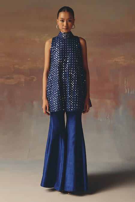 Twenty Nine_Blue Net Sequins High Neck Designer Short Tunic _at_Aza_Fashions