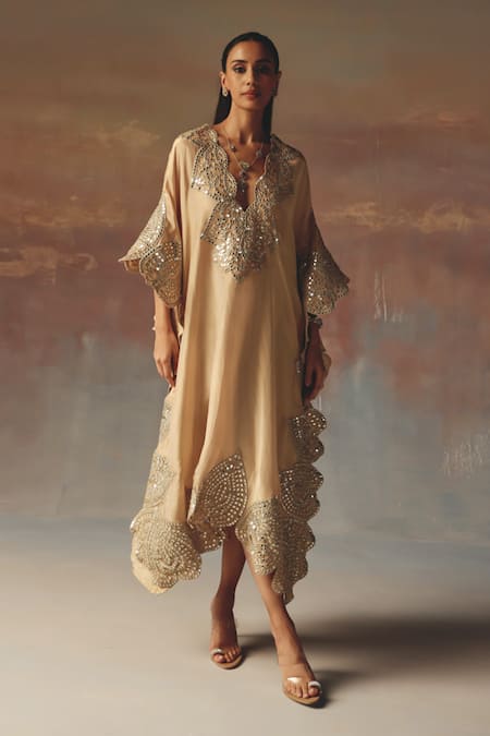 Twenty Nine_Peach Tissue, Organza Mirrors V-neck Kaftan _Online_at_Aza_Fashions