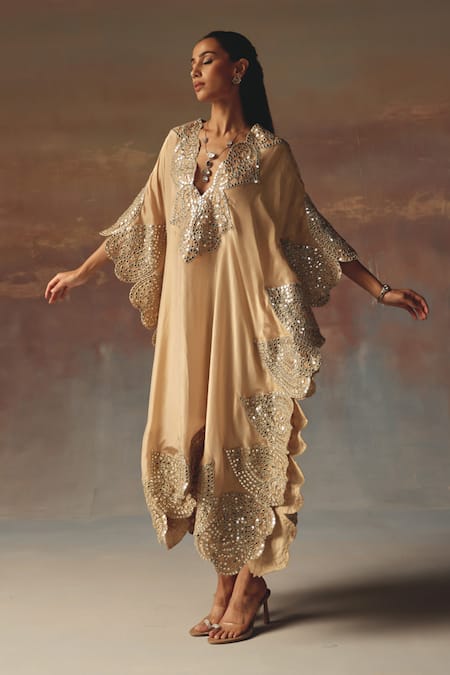 Buy_Twenty Nine_Peach Tissue, Organza Mirrors V-neck Kaftan _Online_at_Aza_Fashions