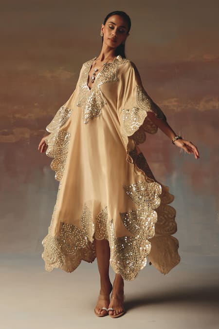Shop_Twenty Nine_Peach Tissue, Organza Mirrors V-neck Kaftan _Online_at_Aza_Fashions