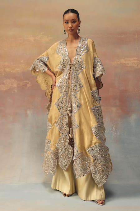 Twenty Nine Gold Tissue, Organza Sequins, Beads Round Neck Embellished Kaftaan Online at Aza Fashions Twenty Nine_Gold Tissue, Organza Sequins, Beads Round Neck Embellished Kaftaan _Online_at_Aza_Fashions