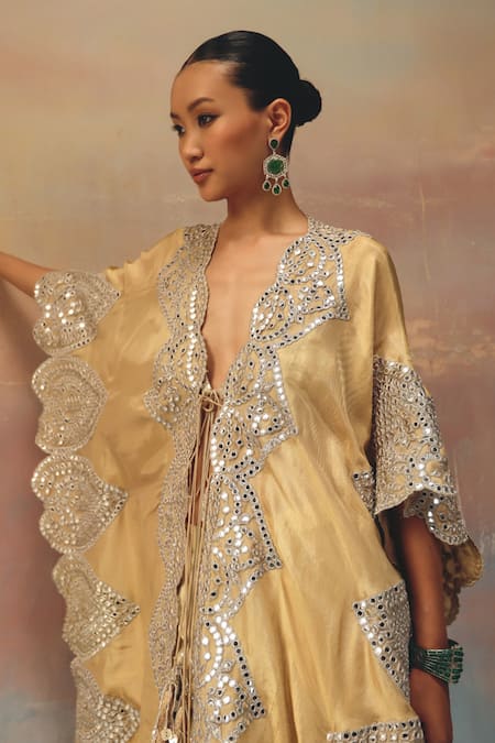 Shop Twenty Nine Gold Tissue, Organza Sequins, Beads Round Neck Embellished Kaftaan Online at Aza Fashions Shop_Twenty Nine_Gold Tissue, Organza Sequins, Beads Round Neck Embellished Kaftaan _Online_at_Aza_Fashions