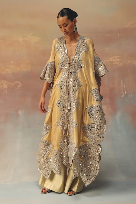 Twenty Nine Gold Tissue, Organza Sequins, Beads Round Neck Embellished Kaftaan at Aza Fashions Twenty Nine_Gold Tissue, Organza Sequins, Beads Round Neck Embellished Kaftaan _at_Aza_Fashions