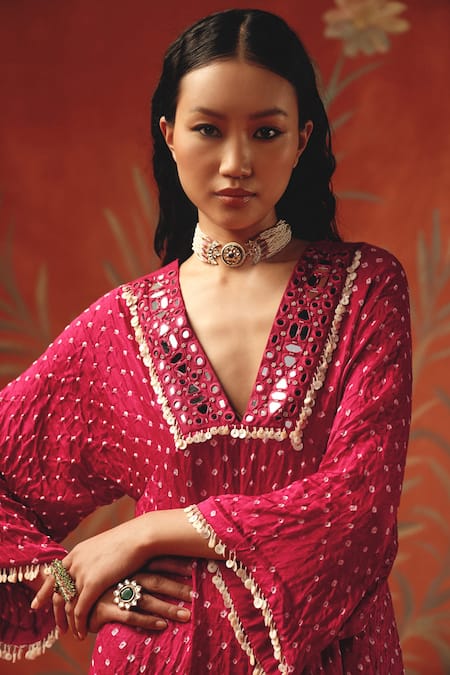 Twenty Nine_Red Silk Sequins, Embroidery V-neck Designer Wild Berry Kurta _at_Aza_Fashions