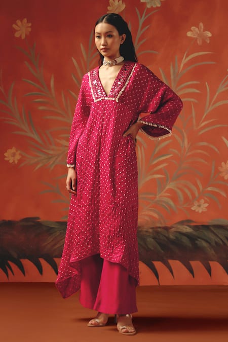Buy_Twenty Nine_Red Chanderi Mirrors, Embroidery Wild Berry Palazzo _Online_at_Aza_Fashions
